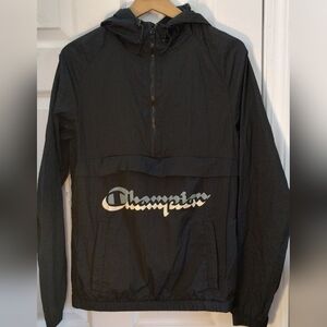 Men's Nylon Champion Black Hooded 1/2 Zip Anorak Windbreaker Jacket-Unisex